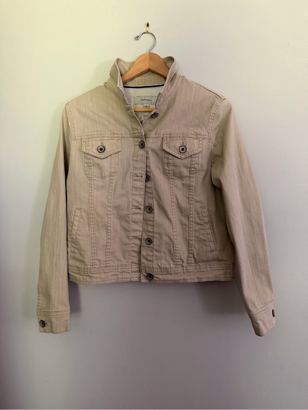 Merona | Large | UpCycled “Bird & Blossom” Boutique Beige Mushroom Denim Jacket - Picture 10 of 11